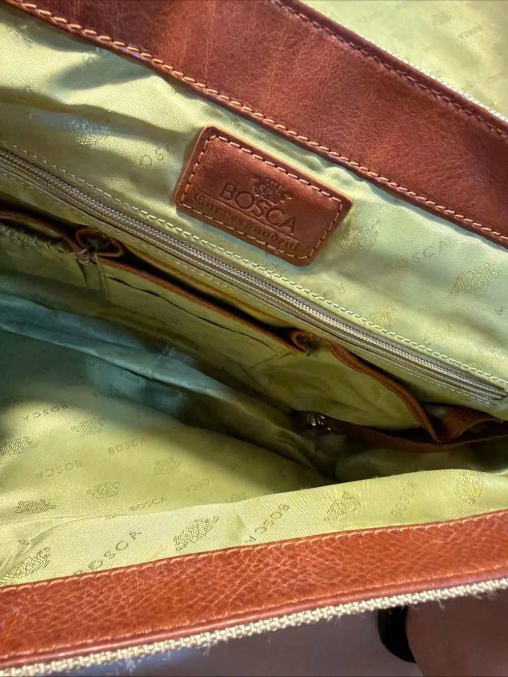 Bosca Leather & Nylon Messenger Bag Briefcase Tan & Brown Attache Laptop Work